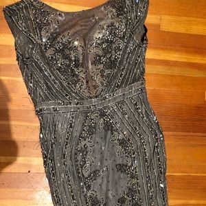 Rhinestone gray embellished mesh gown
